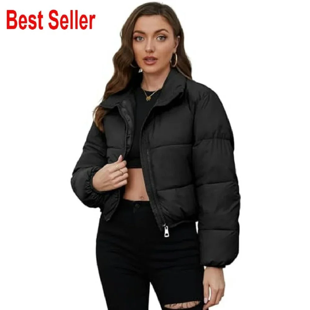 Cropped Puffer Jacket Quilted Lightweight Stand Collar Full Zip Chic Winter